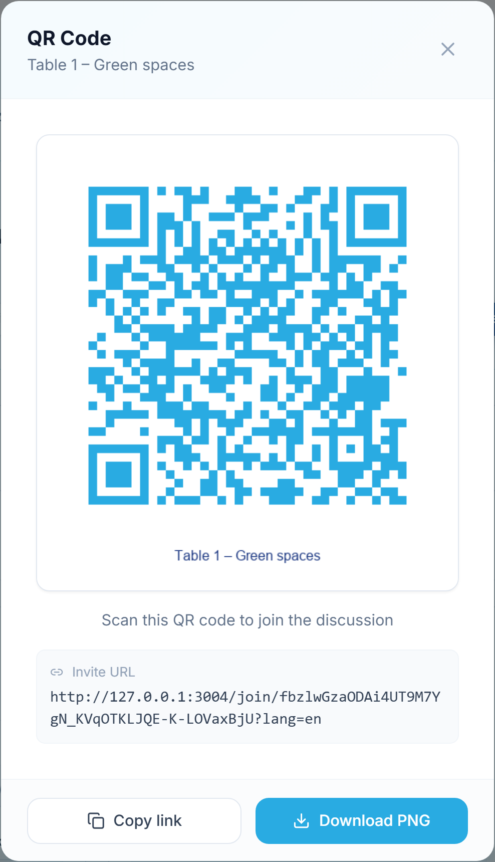 The QR Code window: the scannable code, the invite URL underneath, and the Download PNG button.