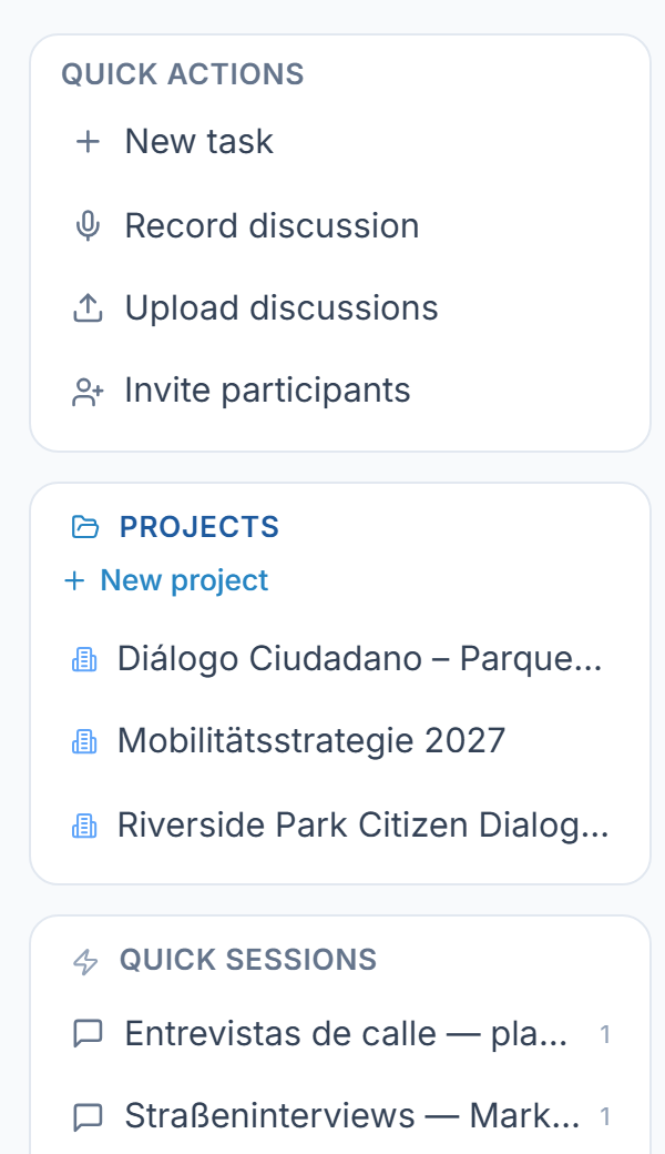 The Quick actions in the sidebar: Record discussion, Upload discussions and Invite participants.