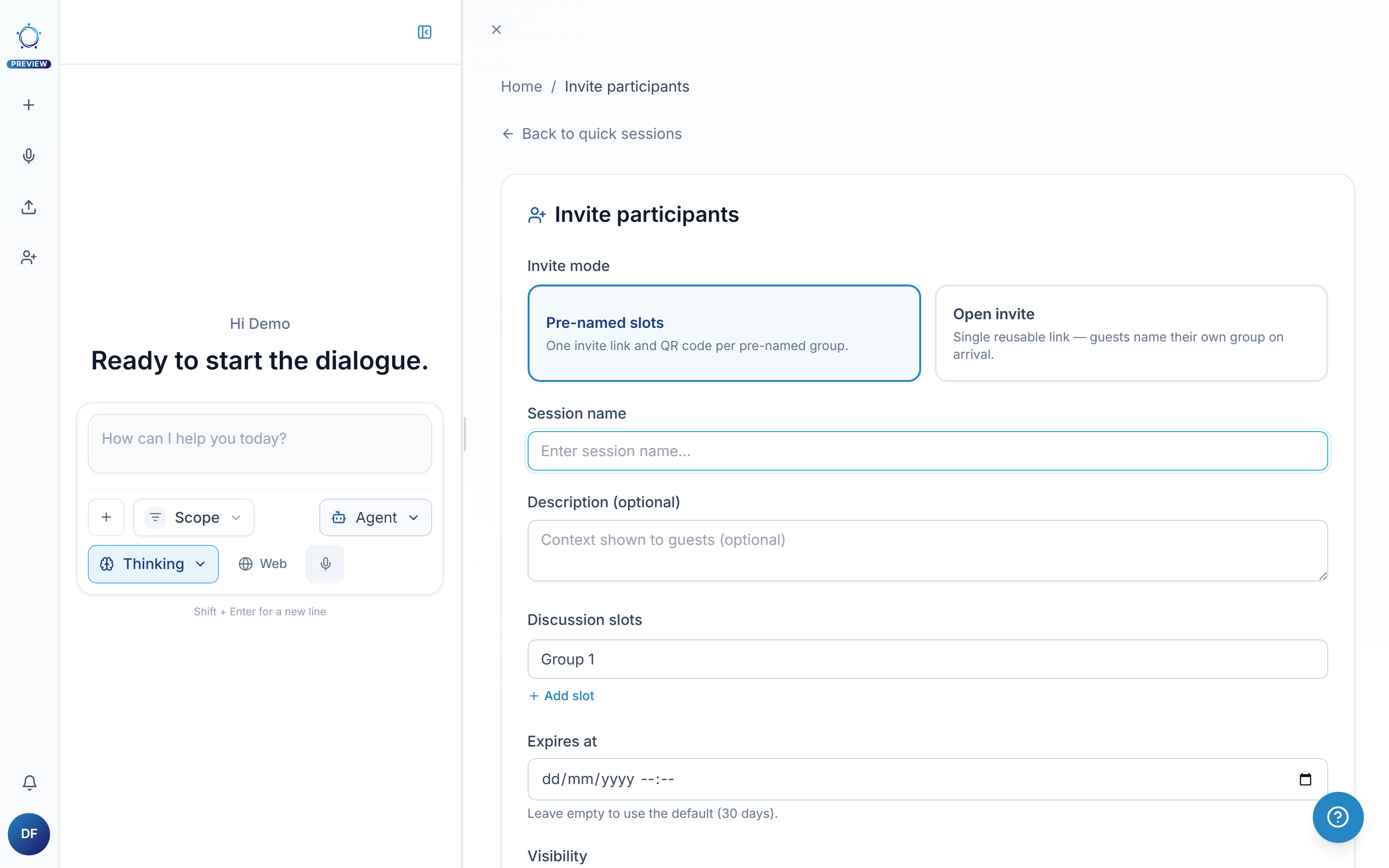 Choose an invite mode, name the session and create the links