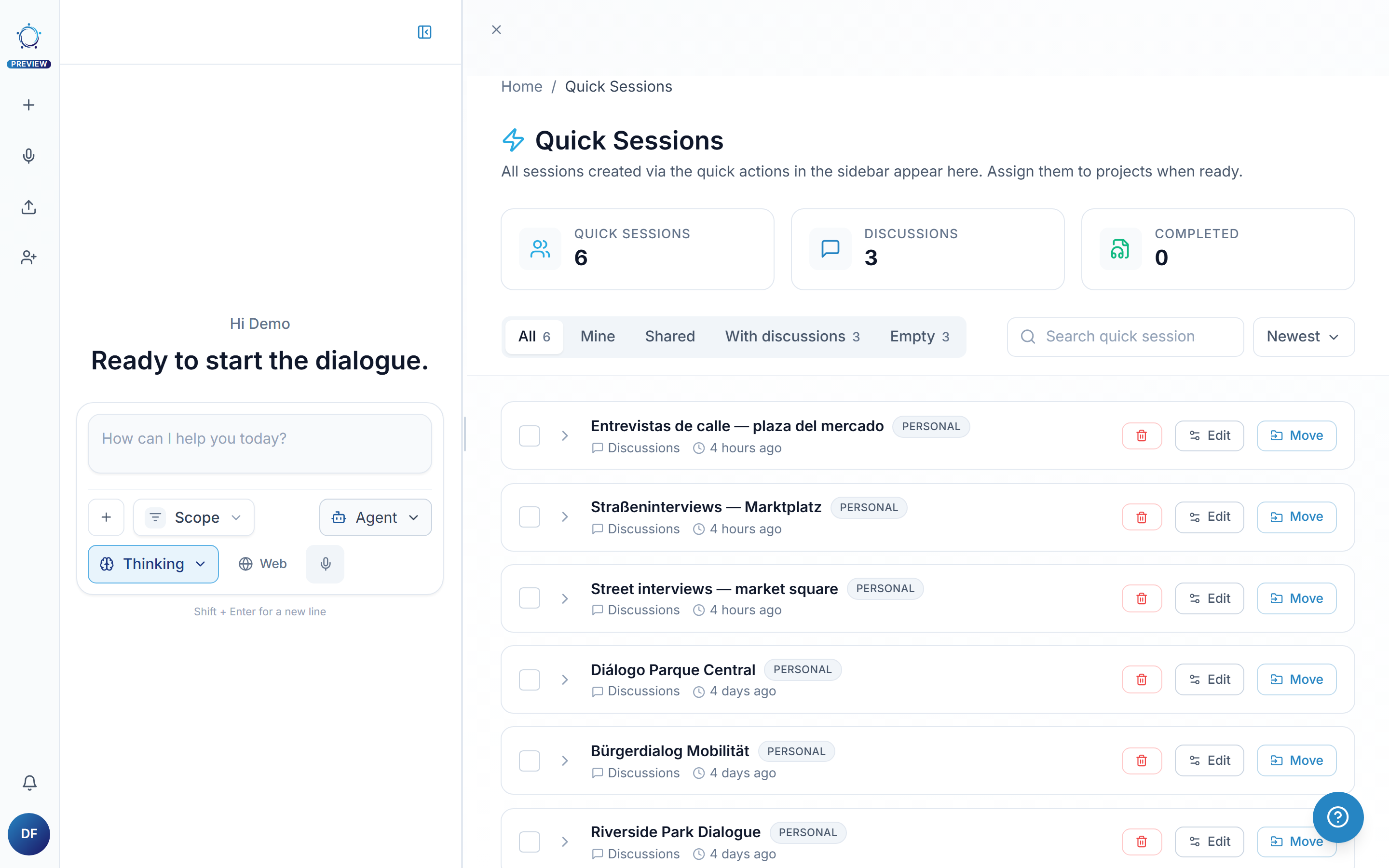 The Quick Sessions page with session cards, filter tabs and search