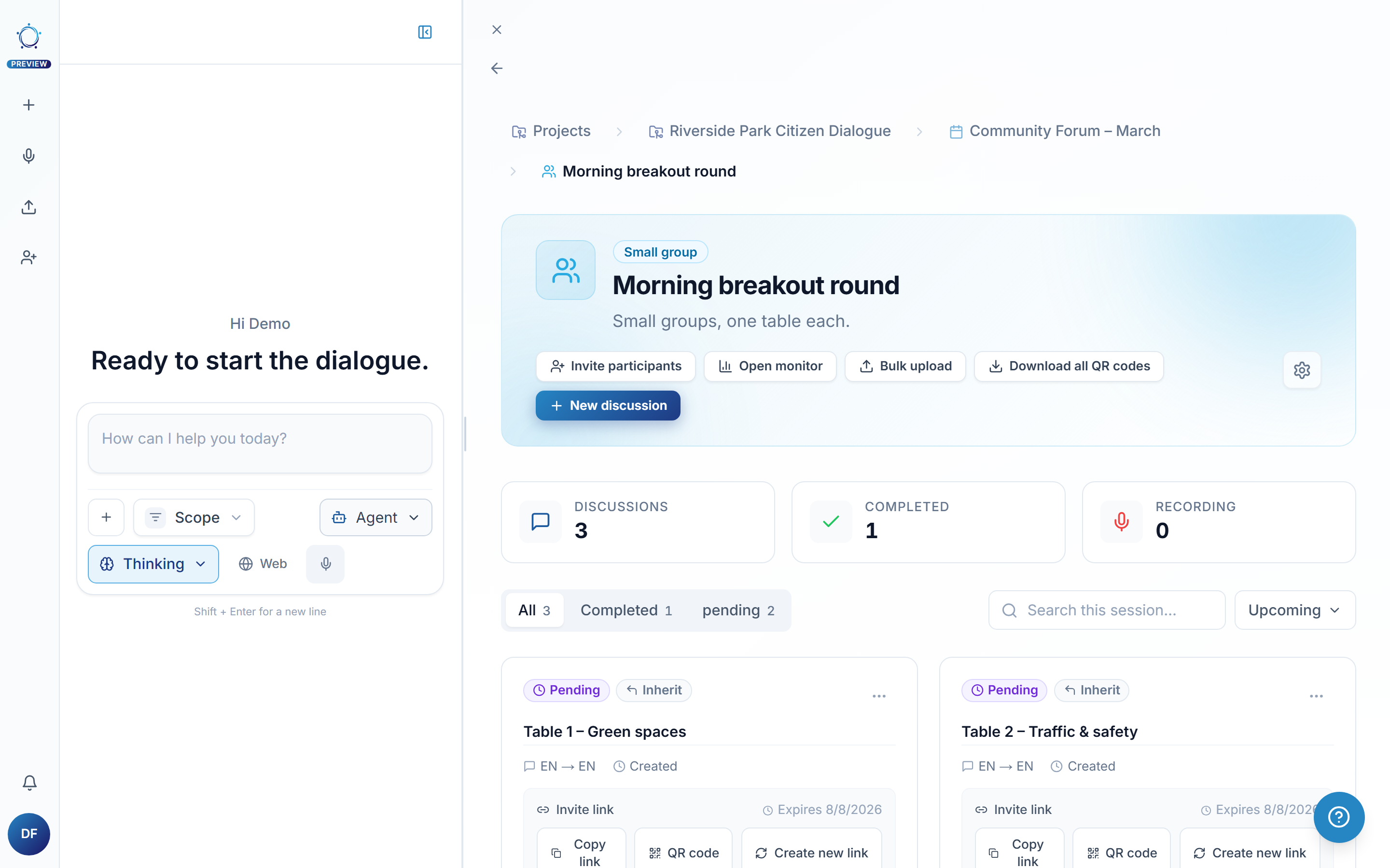 The session page: one card per discussion with status badge, invite link and buttons, and New discussion in the header