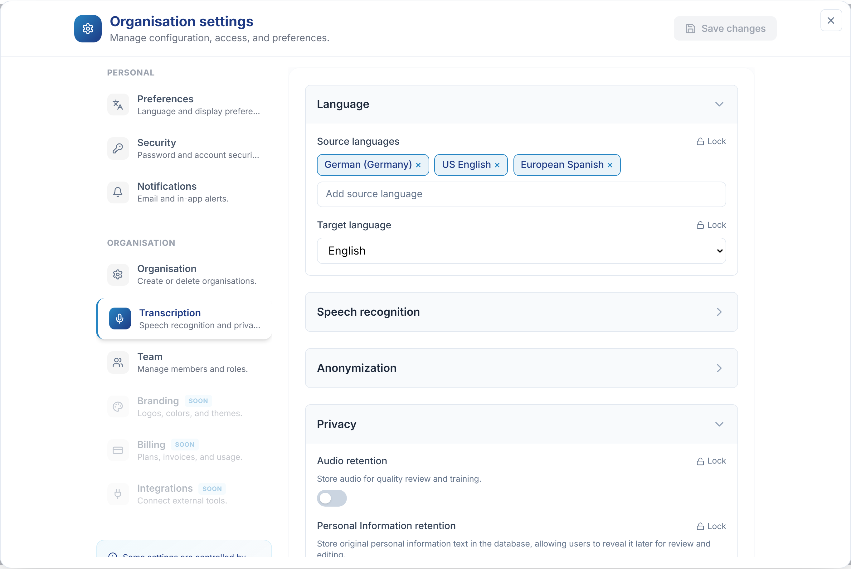 The Language section in the Transcription settings, with the Source languages and Target language fields.