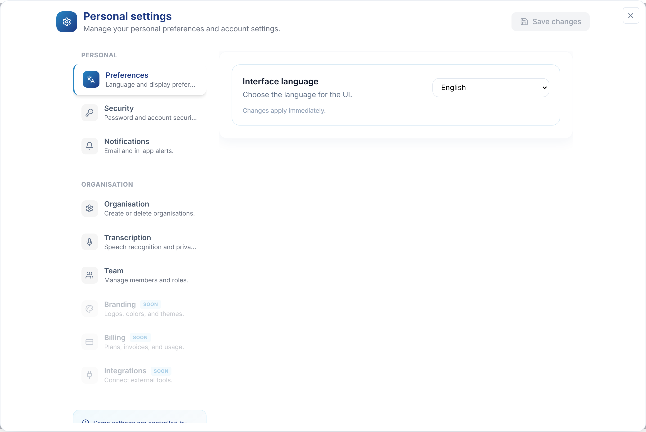 In settings, open Personal → Preferences and choose your interface language