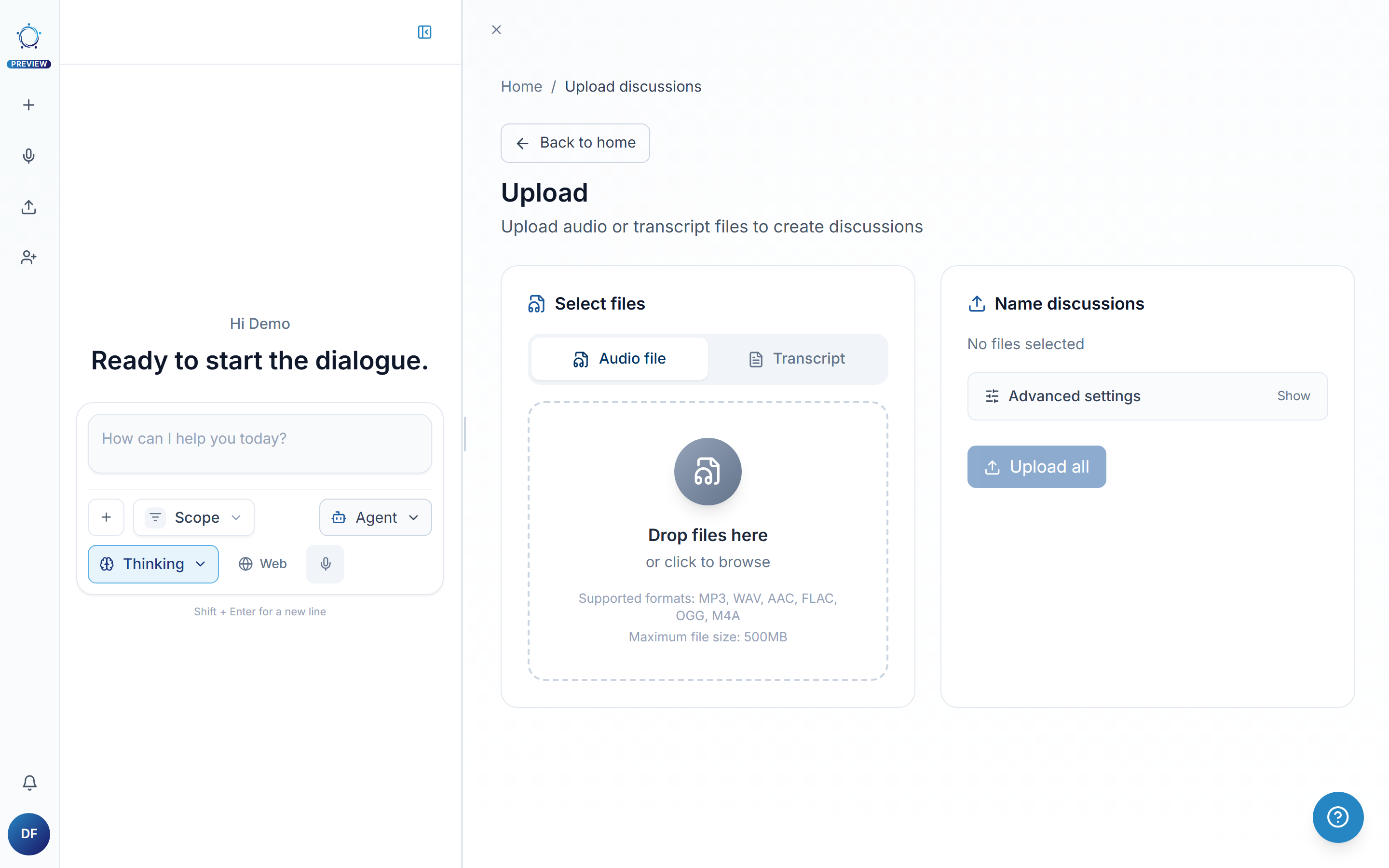 The upload page with file selection on the left and discussion naming on the right