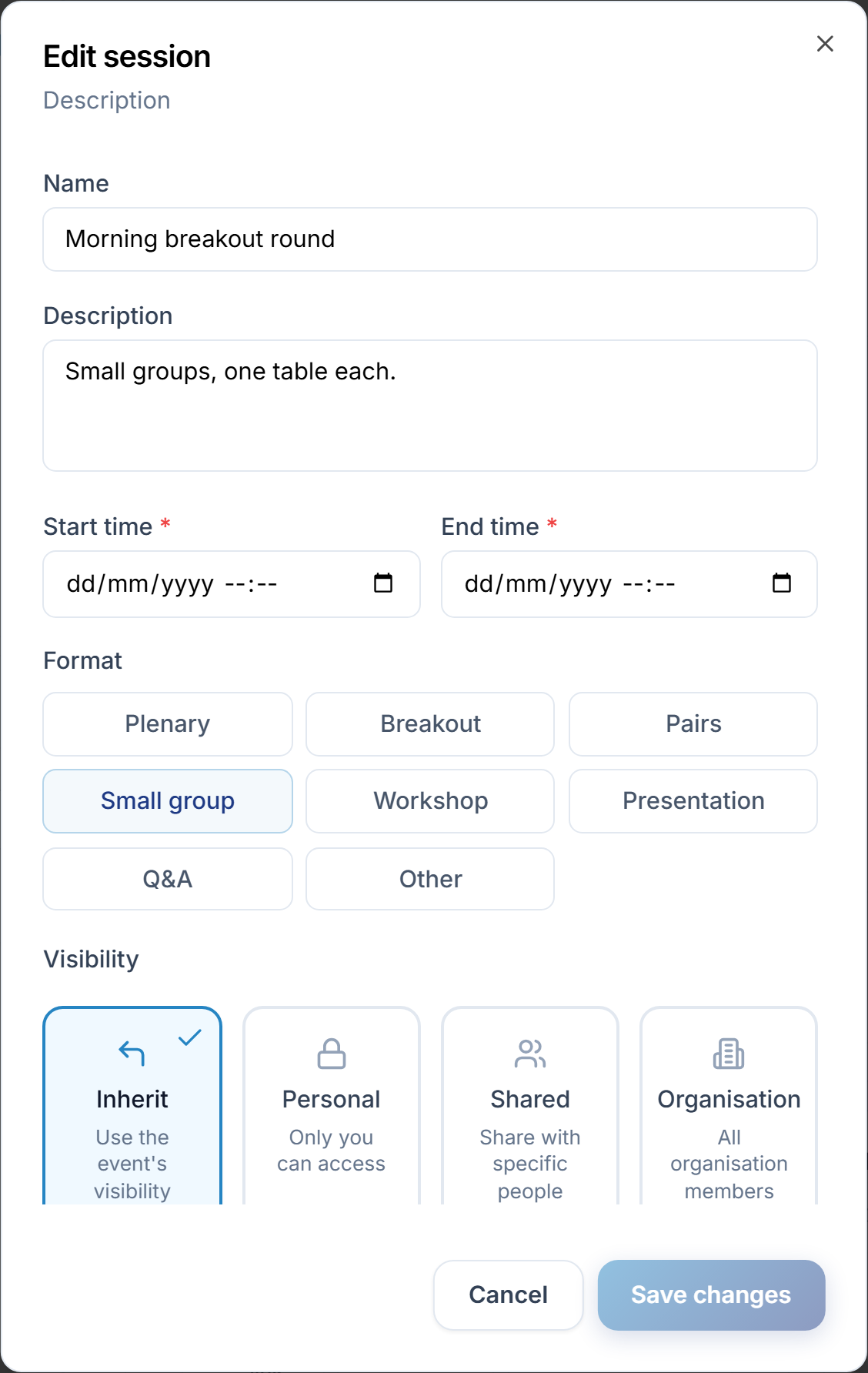 The visibility tiles in the edit dialog: Inherit, Personal, Shared and Organisation