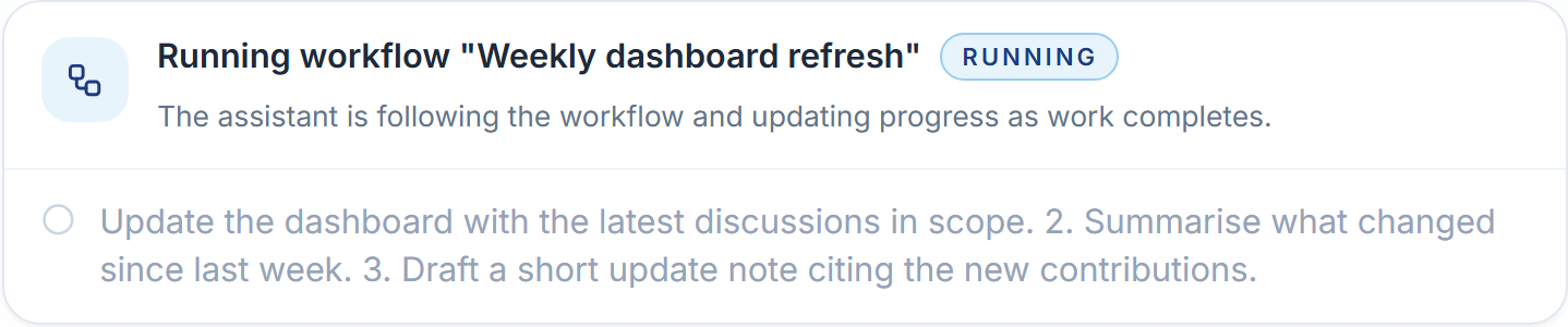 The activity card for a running workflow: a Running badge and the first step with its checkbox.