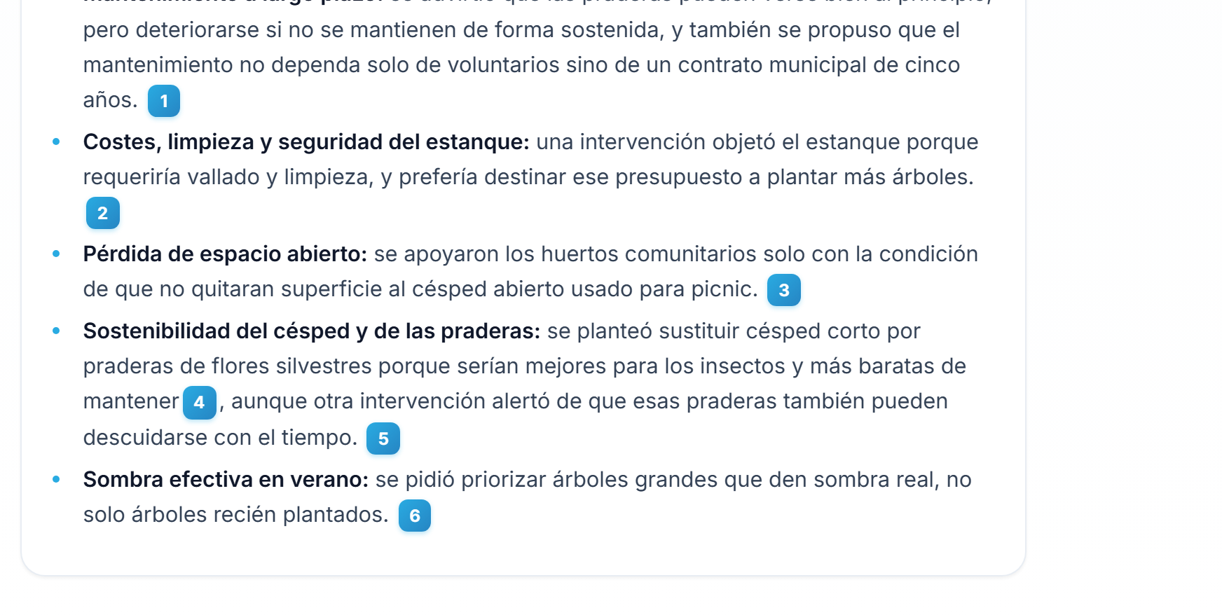 Una respuesta del Co-Pilot con hallazgos en viñetas, cada uno con una referencia numerada en la que puede hacer clic para abrir la fuente.