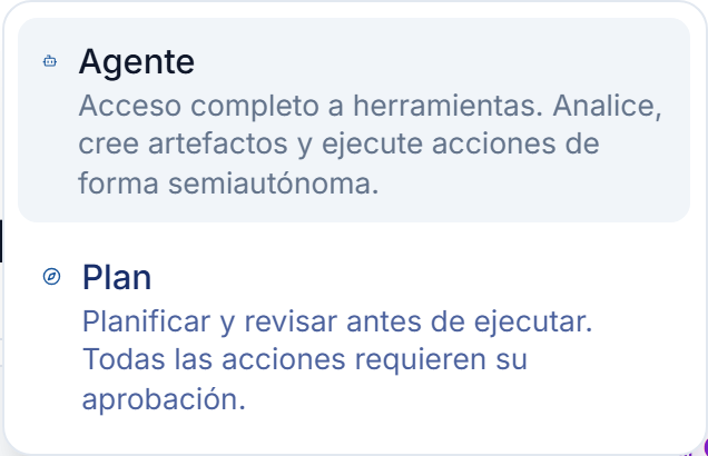 El menú de modo bajo el cuadro de mensaje: elija entre Agente y Plan.