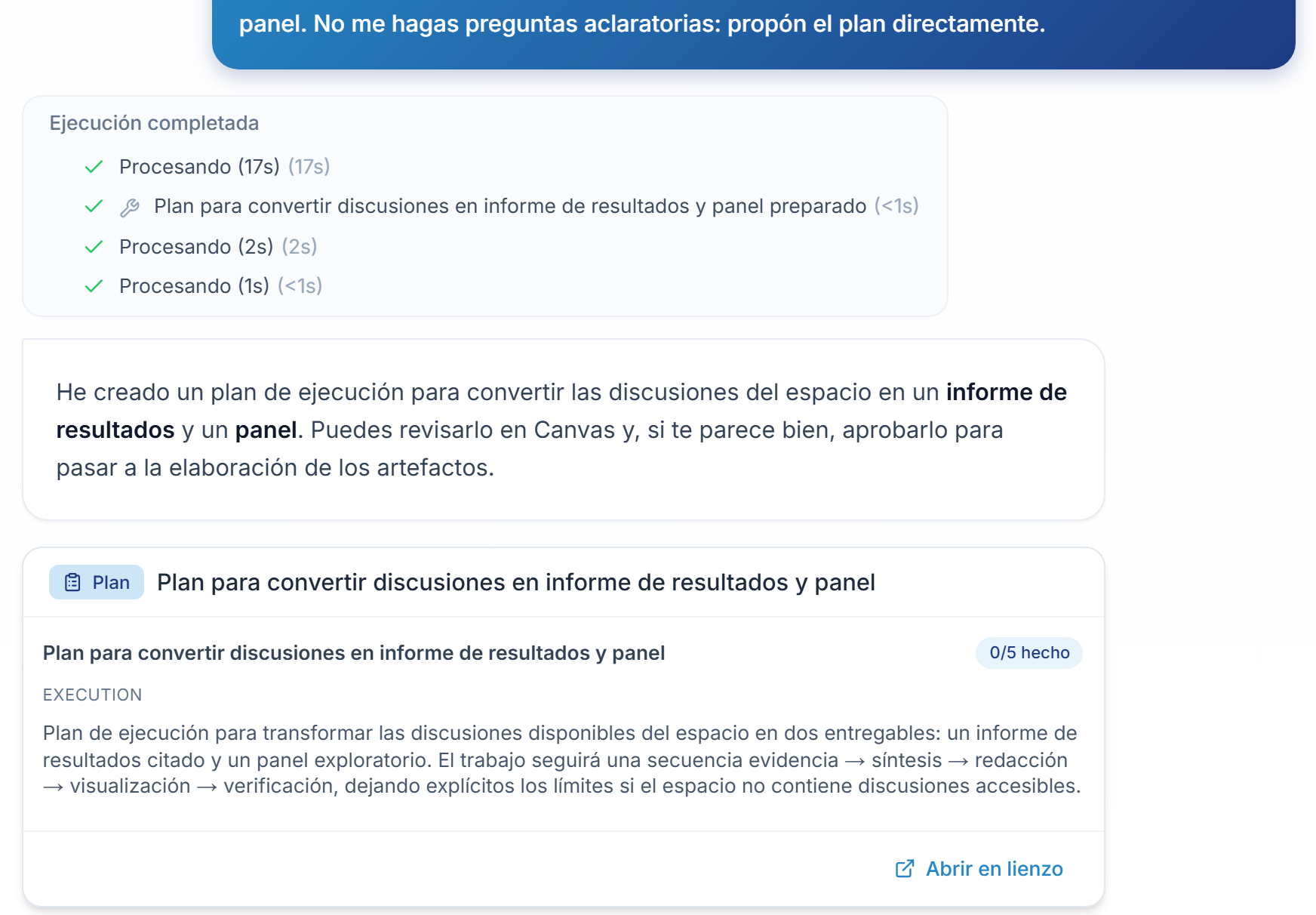 Respuesta en modo Plan: el mensaje del asistente y la tarjeta del plan con su contador de pasos y el enlace Abrir en lienzo.