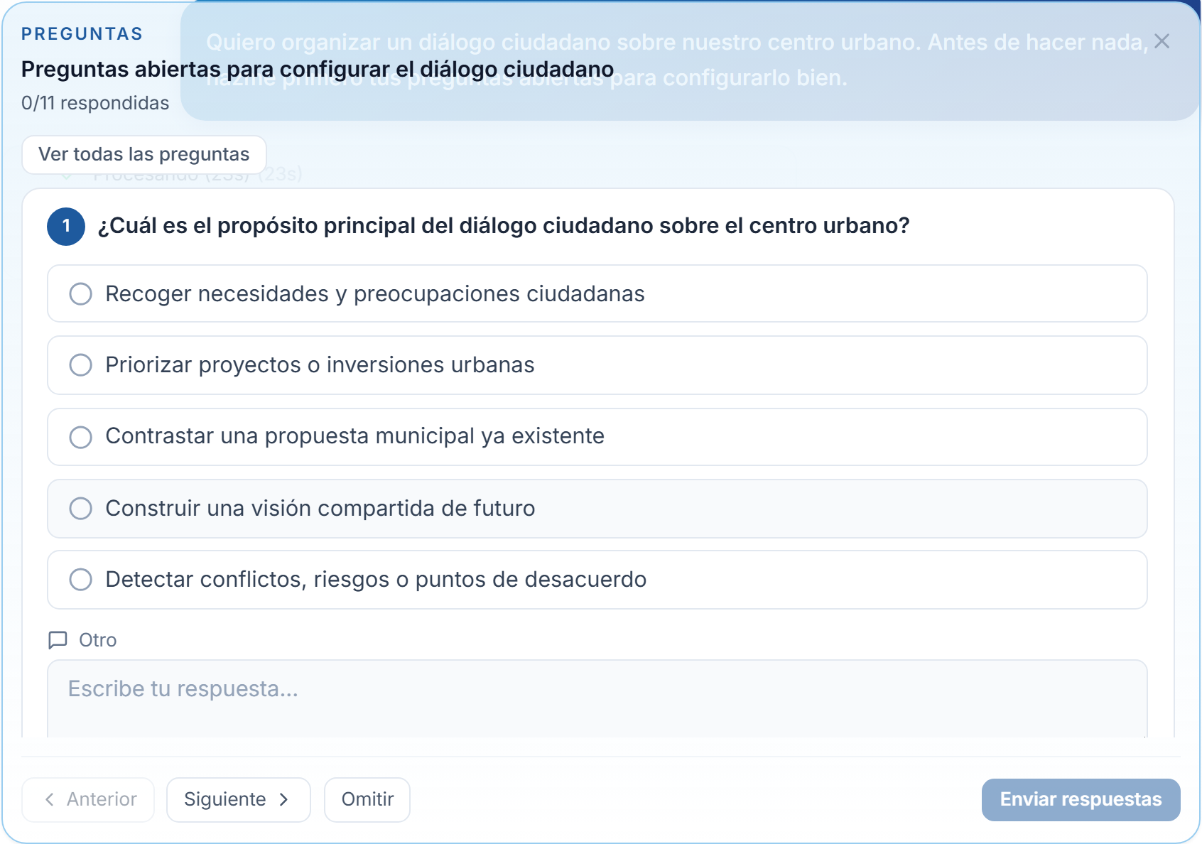 La tarjeta «Preguntas» con una pregunta de opción múltiple, el campo de texto libre «Otro» y los controles «Anterior», «Siguiente», «Omitir» y «Enviar respuestas».