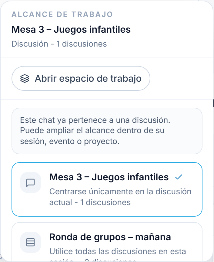 El menú Alcance de trabajo dentro de una discusión: los niveles fijos Esta discusión, Esta sesión, Este evento y Este proyecto.