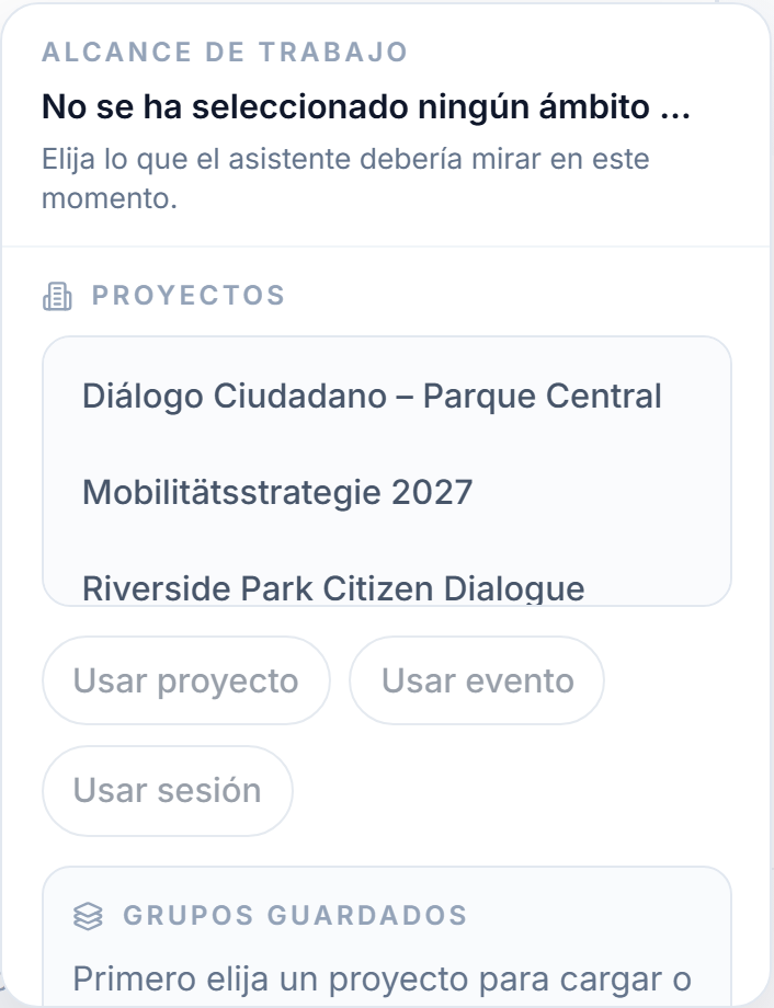 El menú Alcance de trabajo: explore Proyectos → Eventos → Sesiones con Usar proyecto / Usar evento / Usar sesión, más el bloque Grupos guardados.