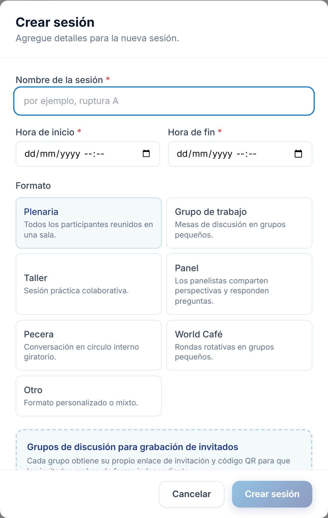 El diálogo Crear sesión: nombre, horas de inicio y fin, las siete opciones de formato y el cuadro Grupos de discusión.