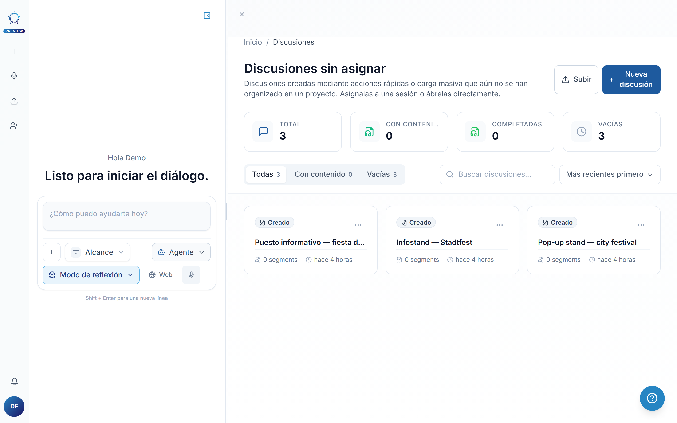 La lista de discusiones sin asignar con filtros y contadores