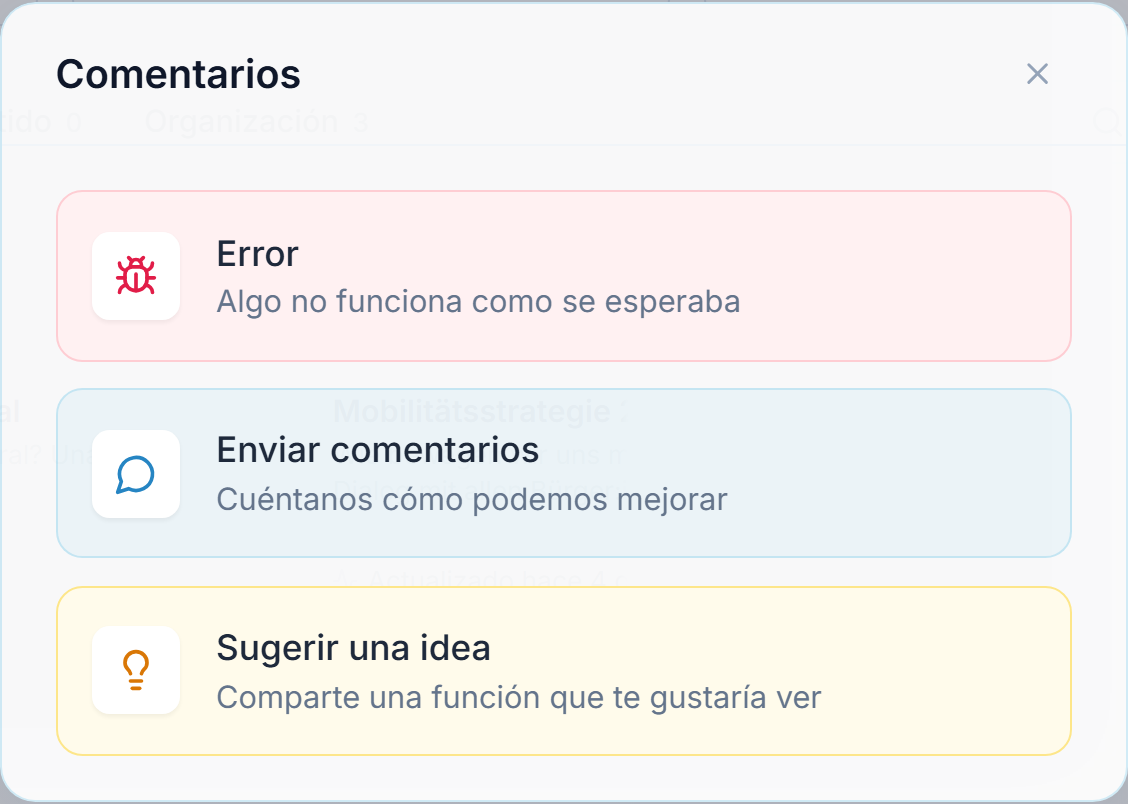 El diálogo de comentarios: elija Error, Enviar comentarios o Sugerir una idea, describa lo ocurrido y adjunte su vista con Tomar captura.