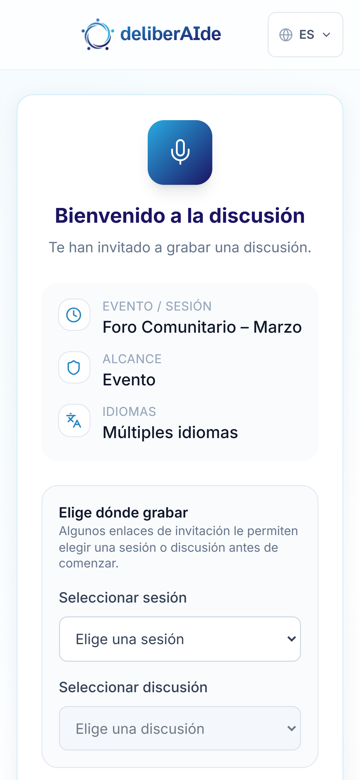 La página de bienvenida con el recuadro «Elige dónde grabar» y las listas «Seleccionar sesión» y «Seleccionar discusión».