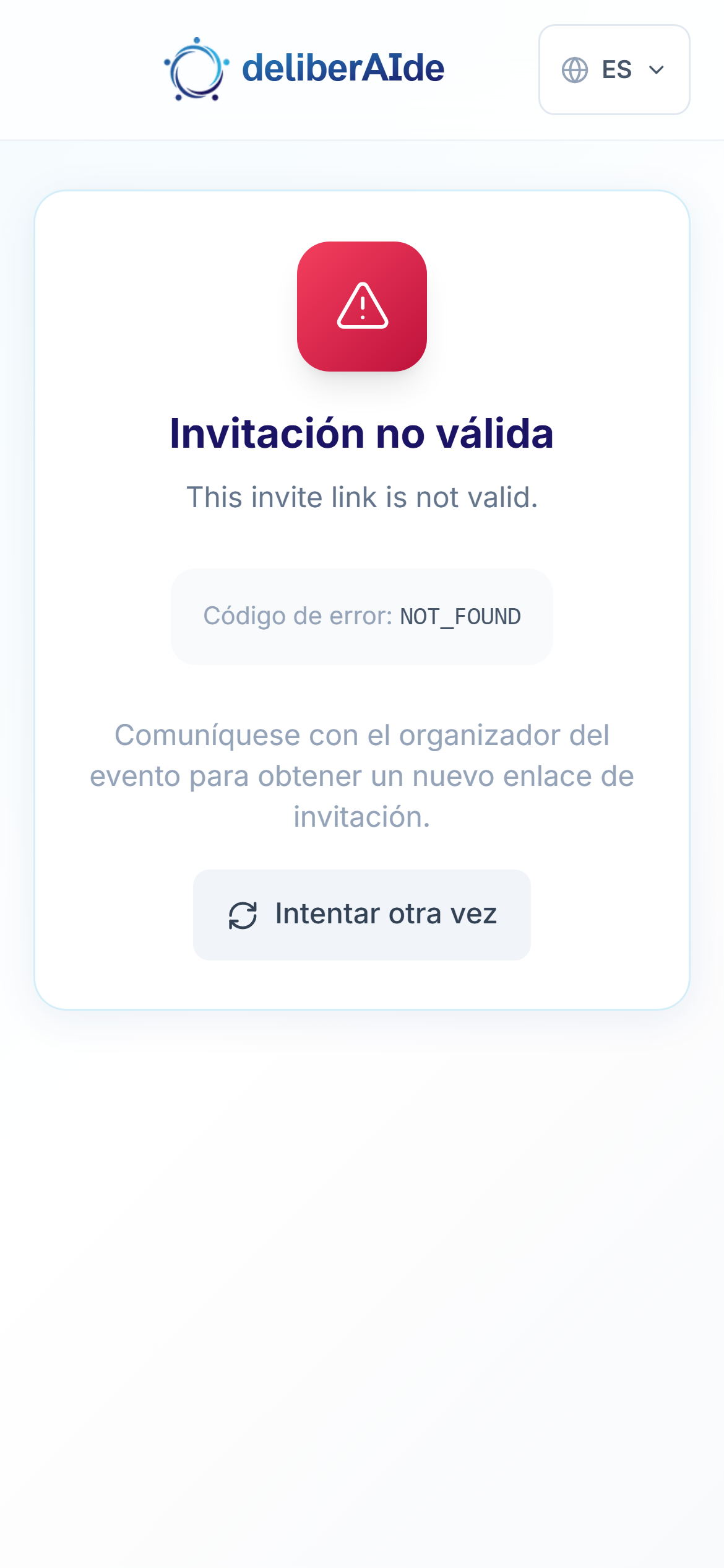 La página Invitación no válida en el teléfono de un invitado, que le pide contactar con la organización para obtener un enlace nuevo.