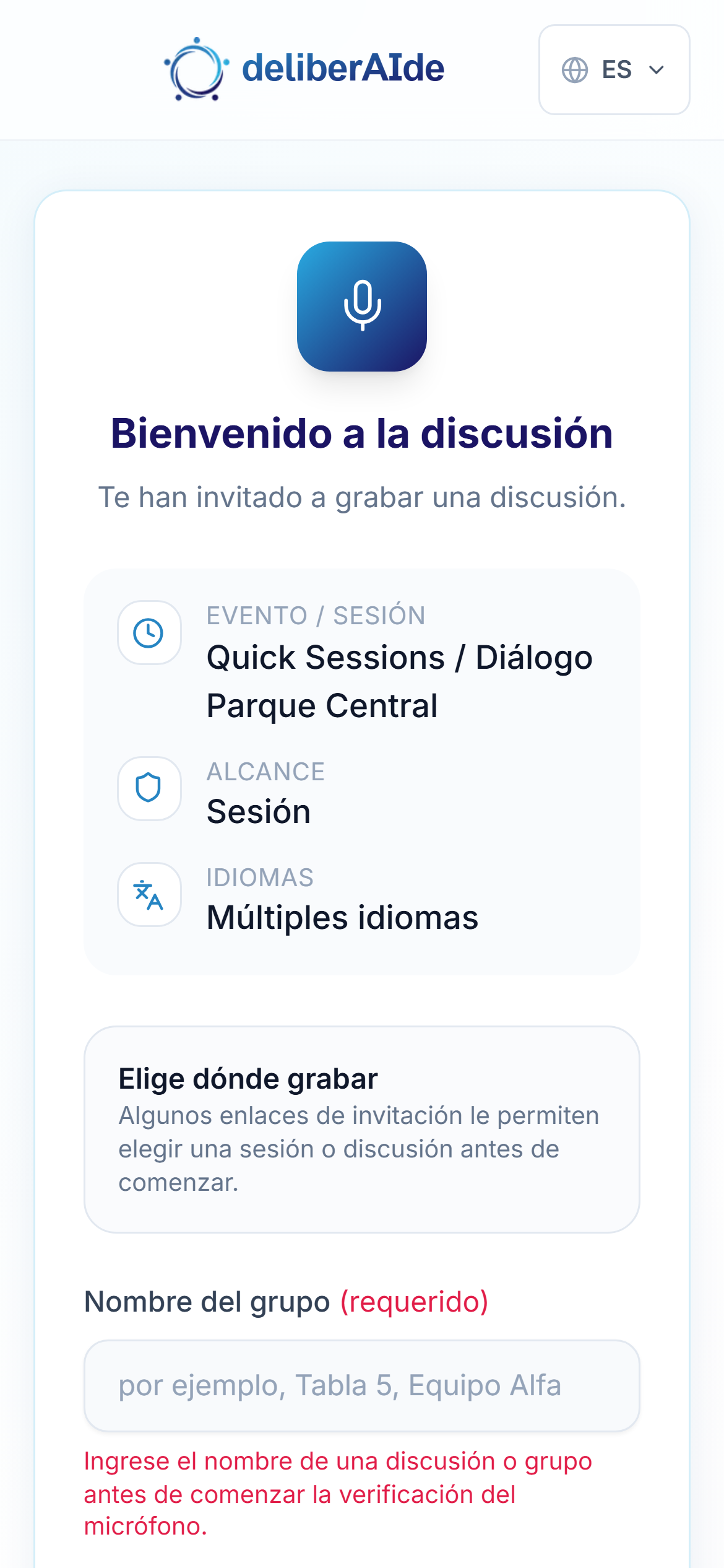 La página de bienvenida para invitados — nombre de grupo y consentimiento, sin cuenta