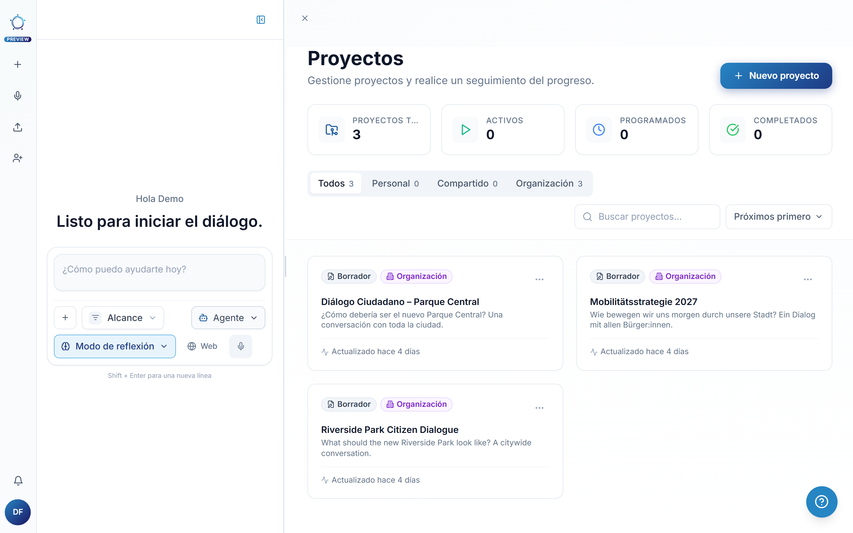 Sus proyectos: la tarjeta del proyecto de ejemplo aparece junto a sus propios proyectos