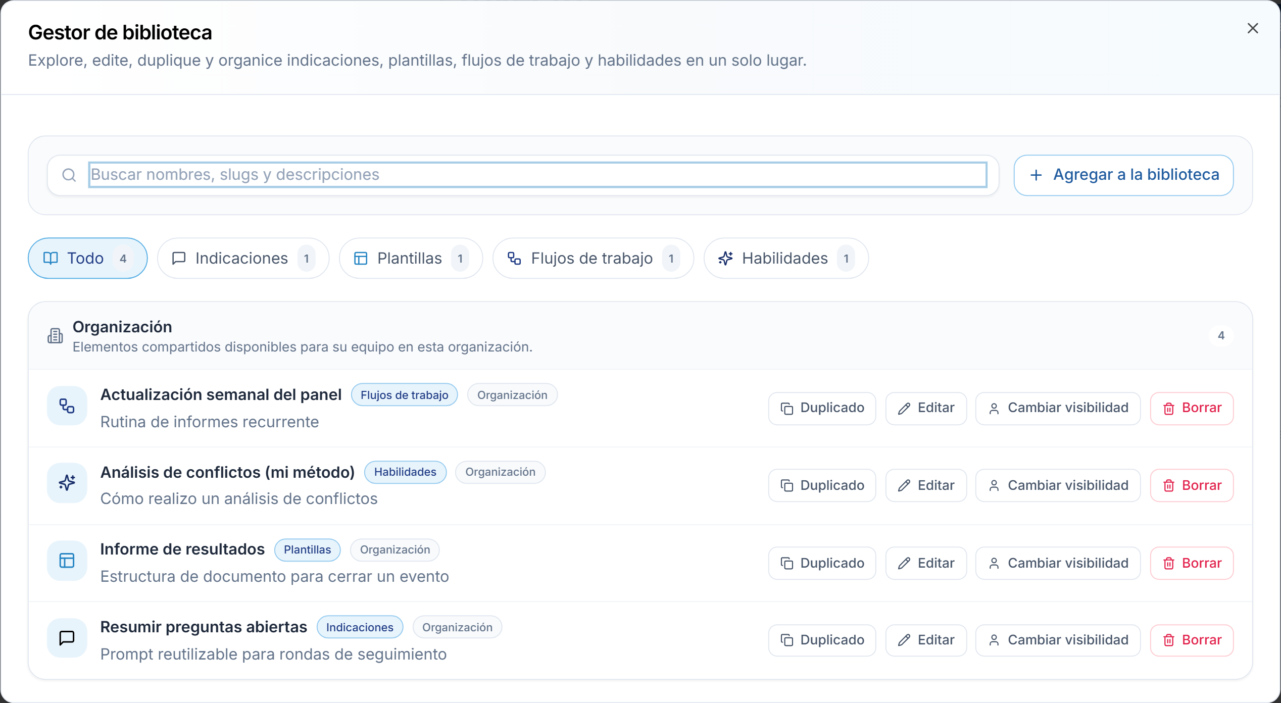 El Gestor de biblioteca: búsqueda, filtros por categoría y los elementos de su organización con las acciones Duplicar, Editar, Cambiar visibilidad y Eliminar.