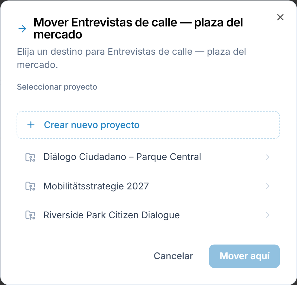 El diálogo de mover: elija un proyecto en «Seleccionar proyecto» o cree uno nuevo, y confirme con «Mover aquí».