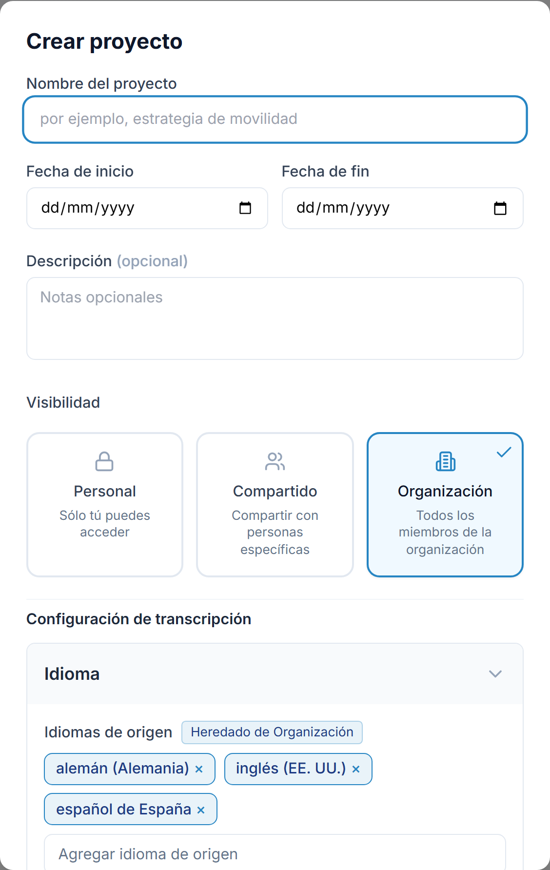 El diálogo Nuevo proyecto: nombre del proyecto, fechas de inicio y fin, visibilidad y el botón Crear proyecto.