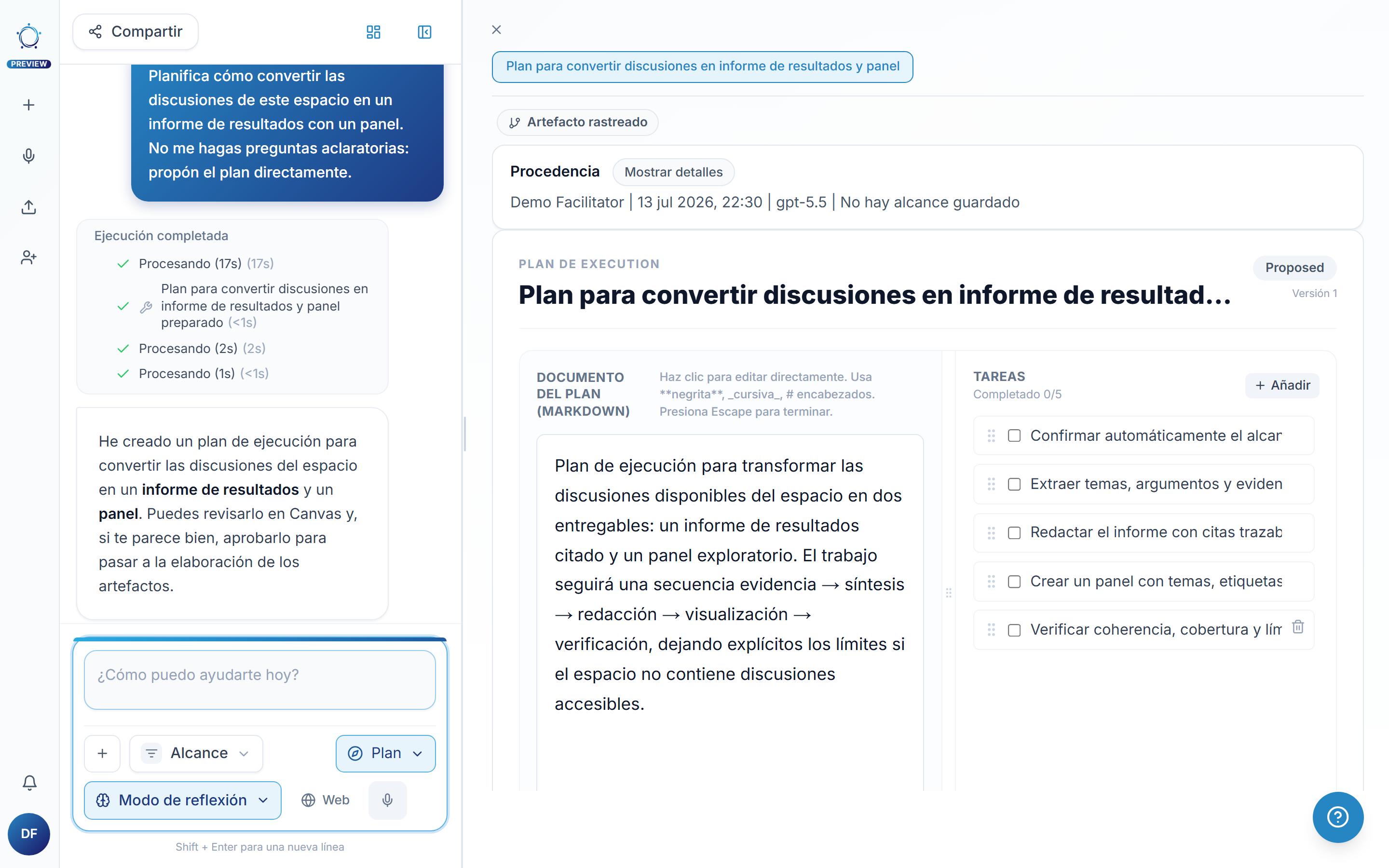 El plan abierto en el lienzo: el documento del plan a la izquierda, la lista de pasos con casillas a la derecha, el estado «Propuesto» arriba.