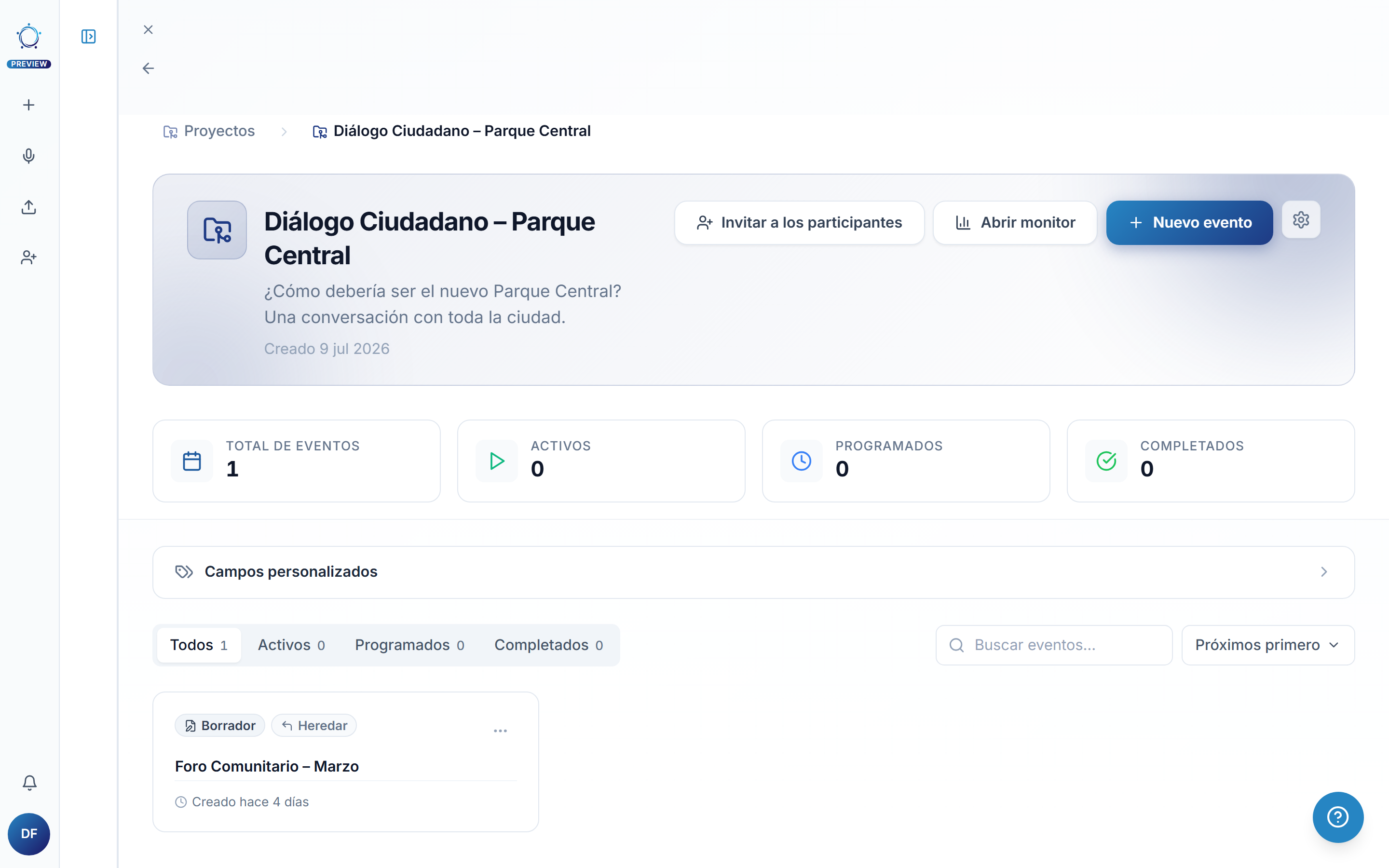 La página del proyecto: una tarjeta por evento y el botón Nuevo evento arriba a la derecha.