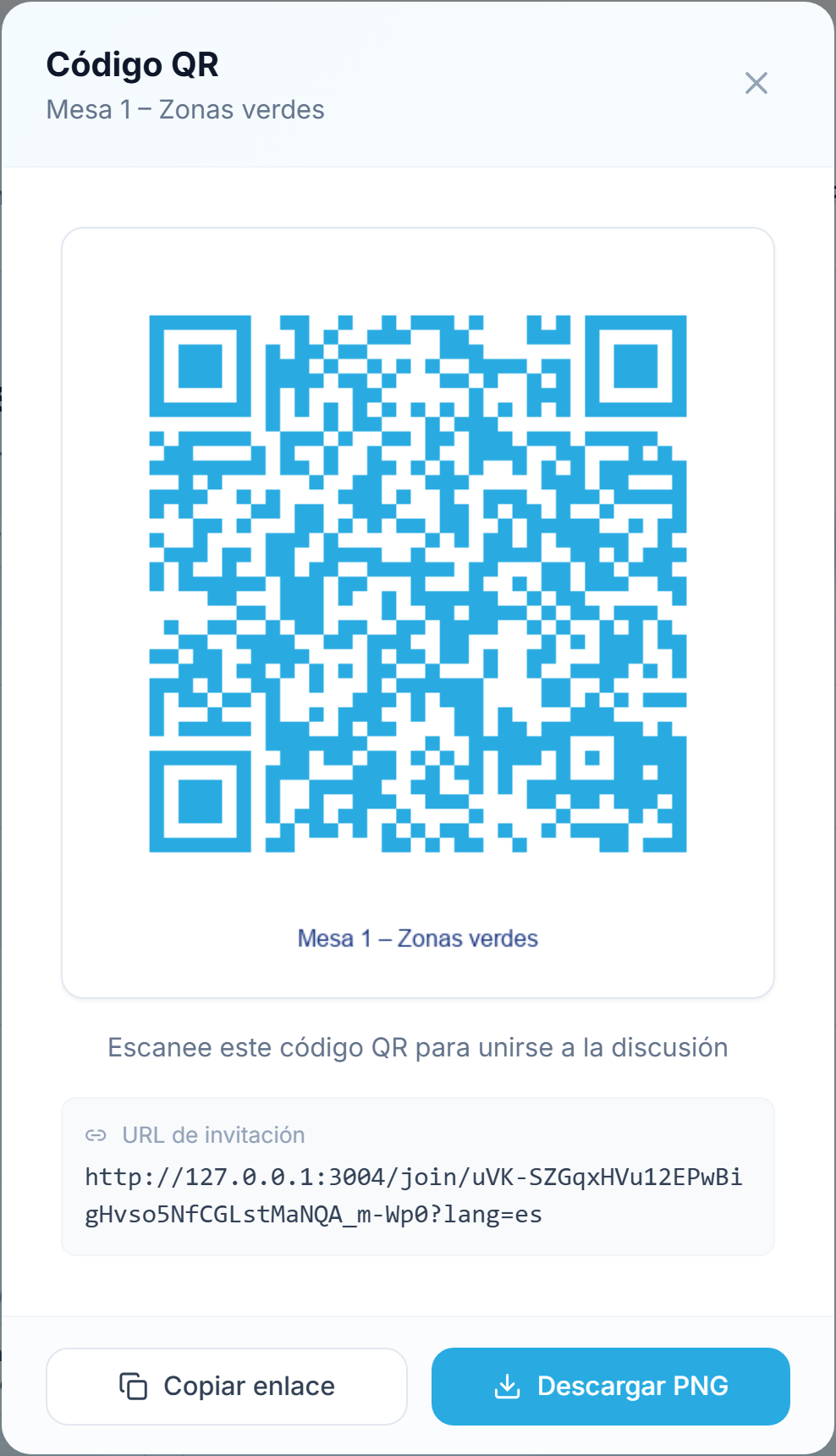 La ventana de código QR: el código escaneable, la URL de invitación debajo y el botón de descarga PNG.