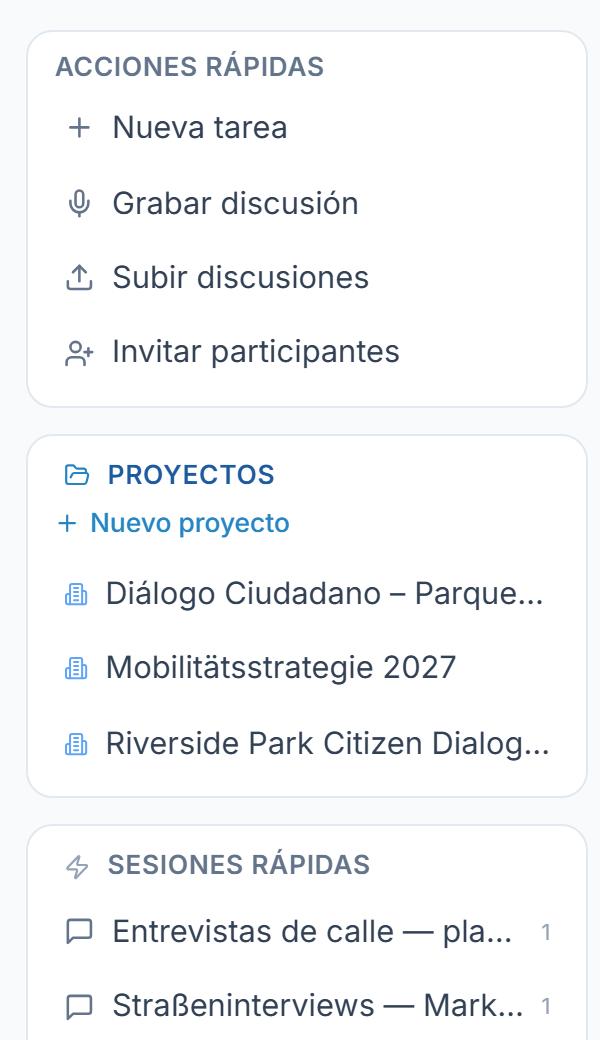 Las Acciones rápidas en la barra lateral: Grabar discusión, Subir discusiones e Invitar participantes.
