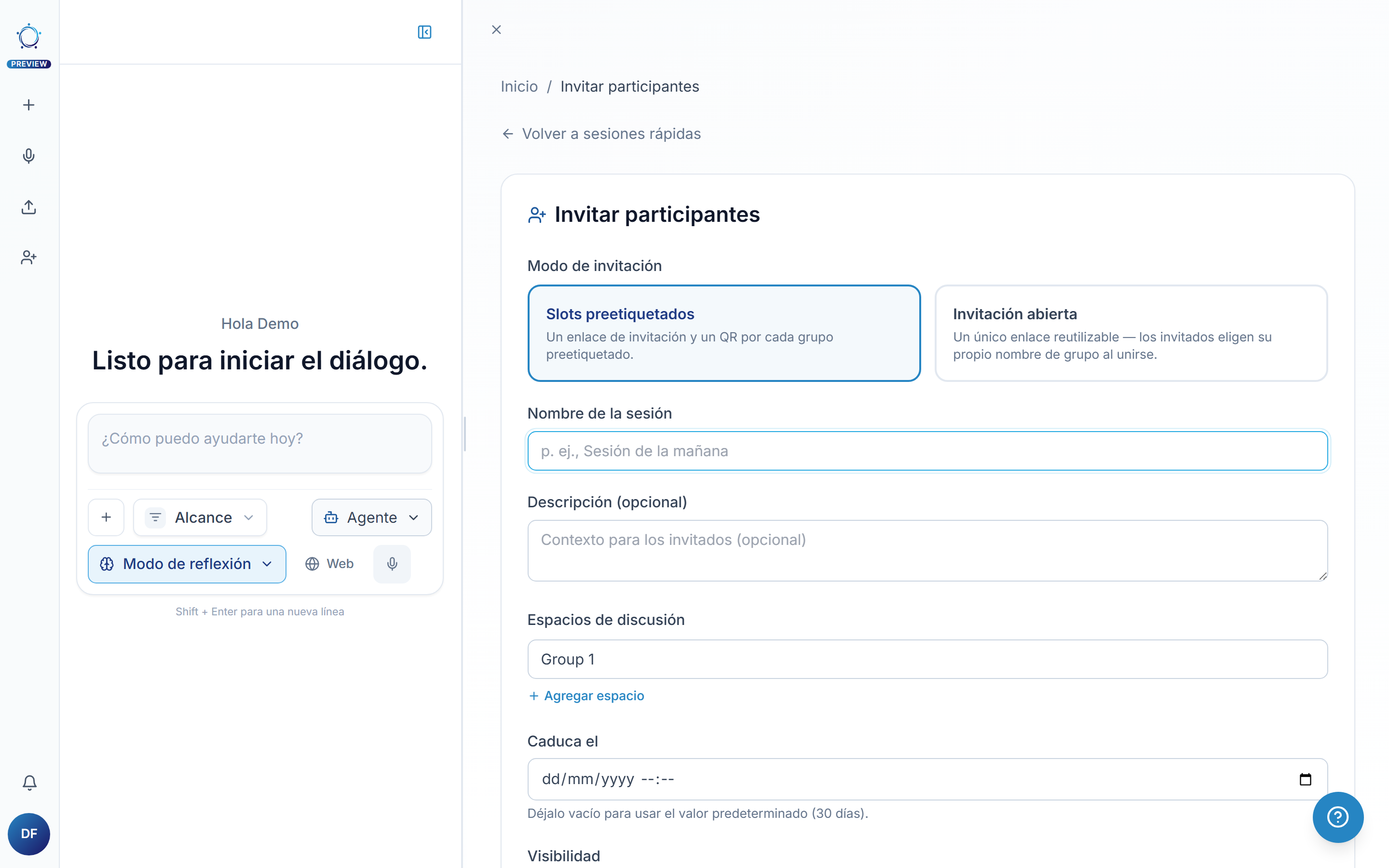 Elegir el modo de invitación, nombrar la sesión y crear los enlaces