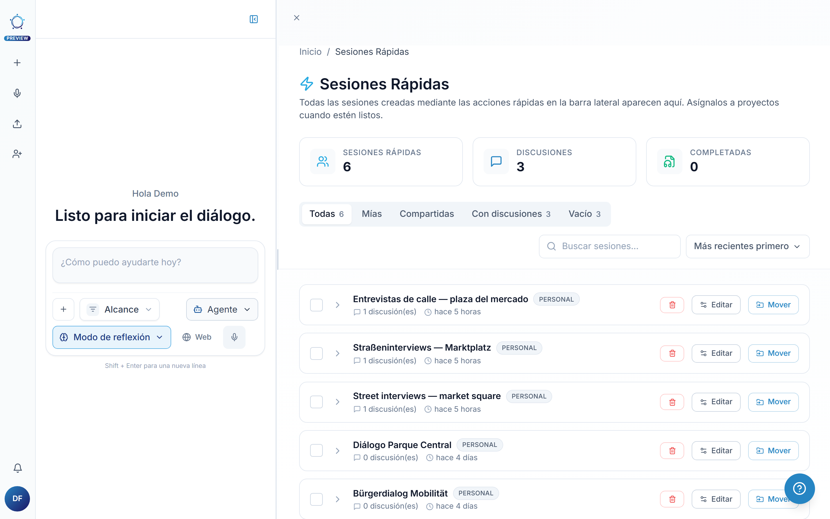 La página de Sesiones Rápidas con tarjetas, filtros y búsqueda