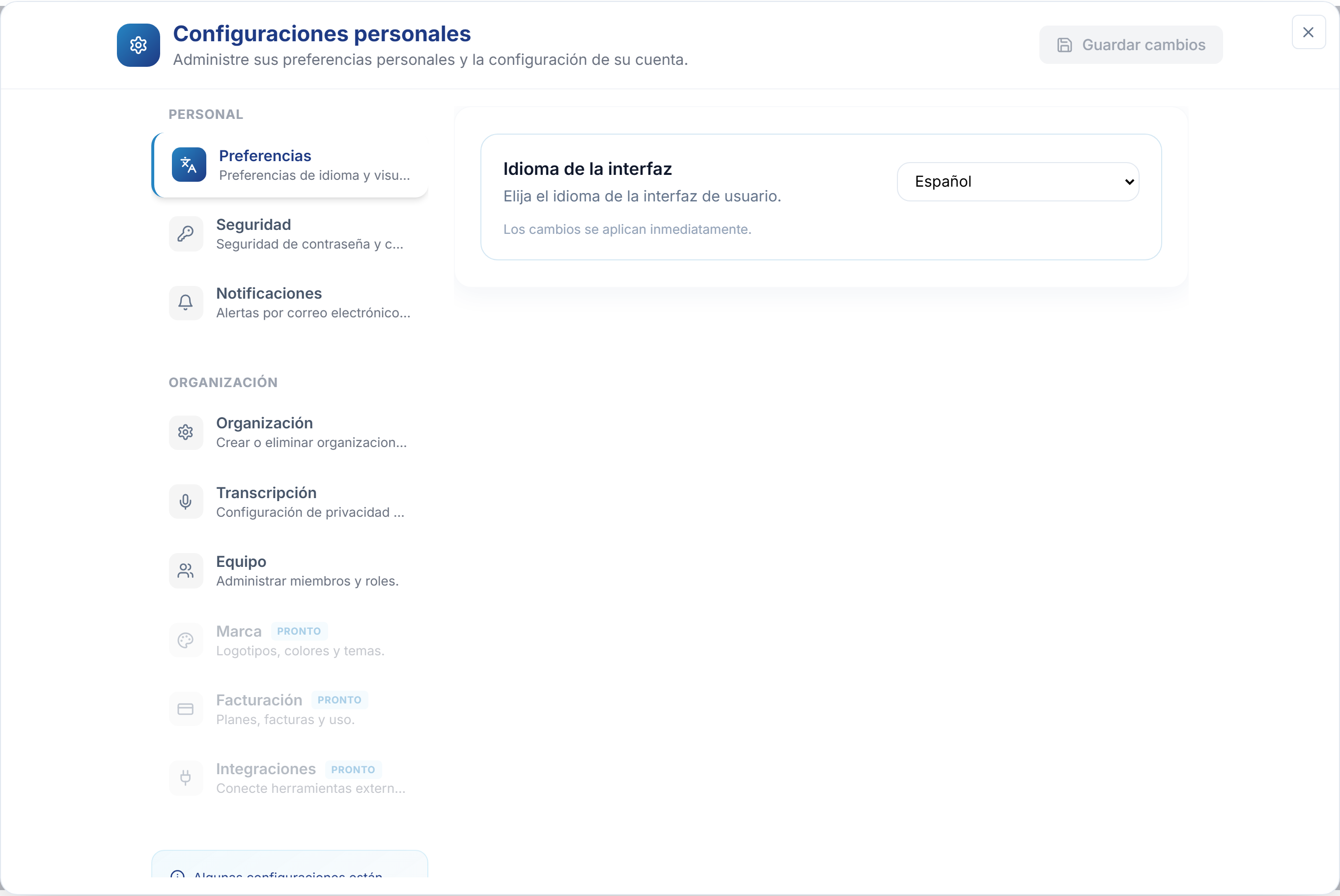 En la configuración, abra Personal → Preferencias y elija su idioma de la interfaz