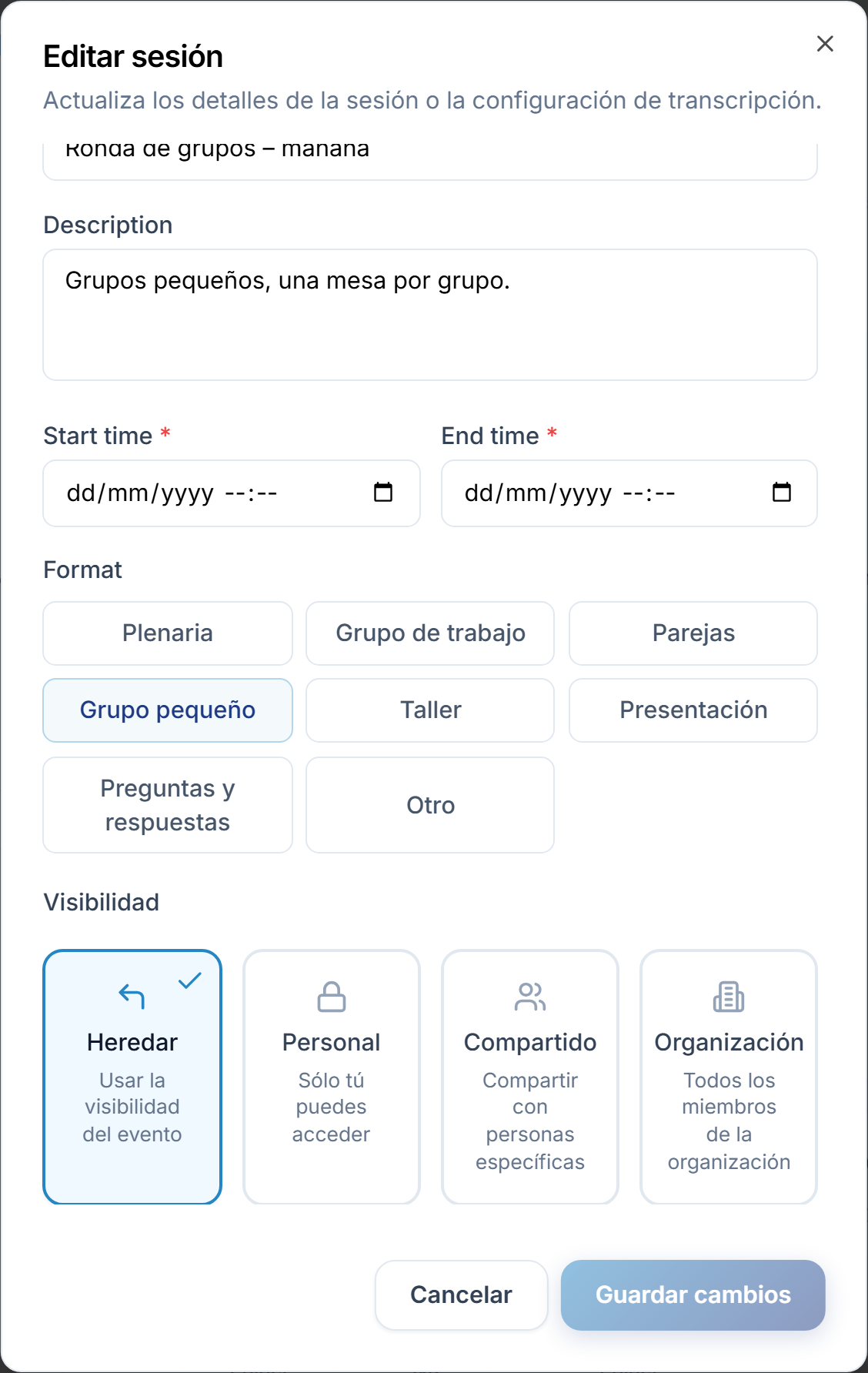 Las fichas de visibilidad en el diálogo de edición: Heredar, Personal, Compartido y Organización