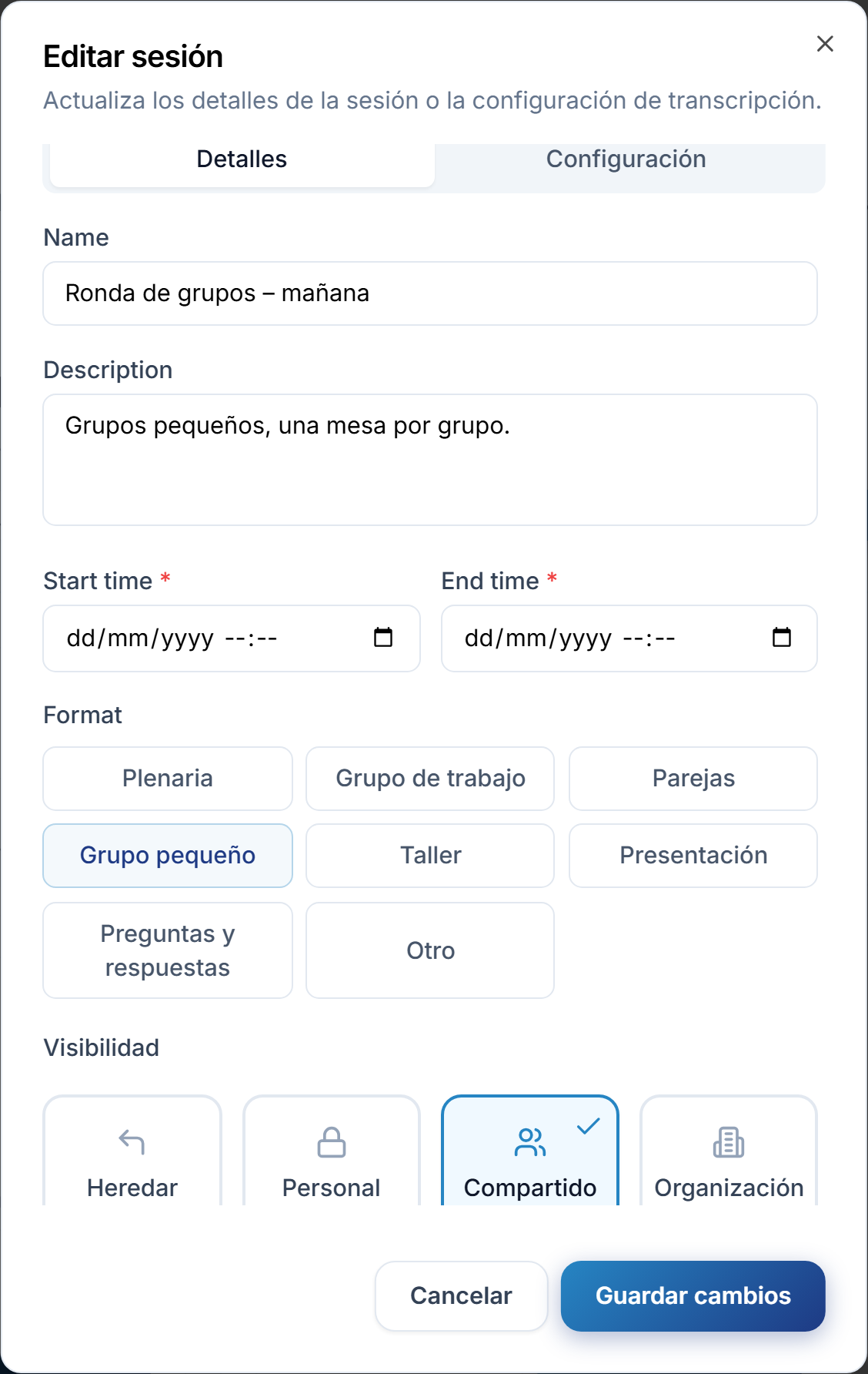 La opción Compartido seleccionada en las opciones de visibilidad, con el selector de miembros debajo